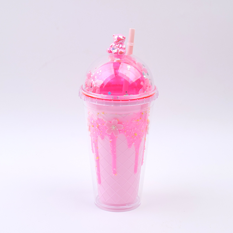 Sakura diamond bear plastic straw cup-450ml