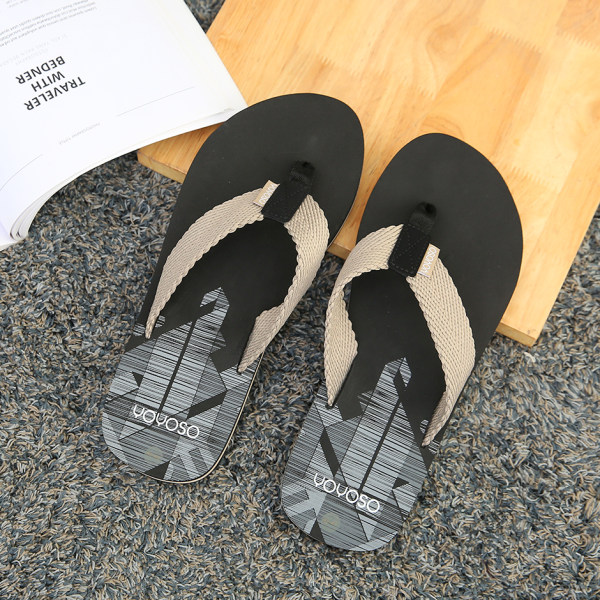 Simple mens flip flops with geometry graphic ribbon-black and beige  42-43