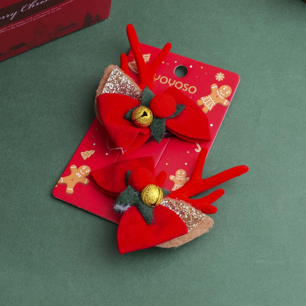 Christmas Series Red Velvet Bell and Deer Antler Pair Clip