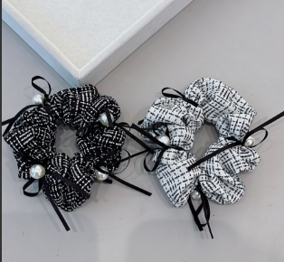 Checkered Series Pearl Ribbon Hair Tie