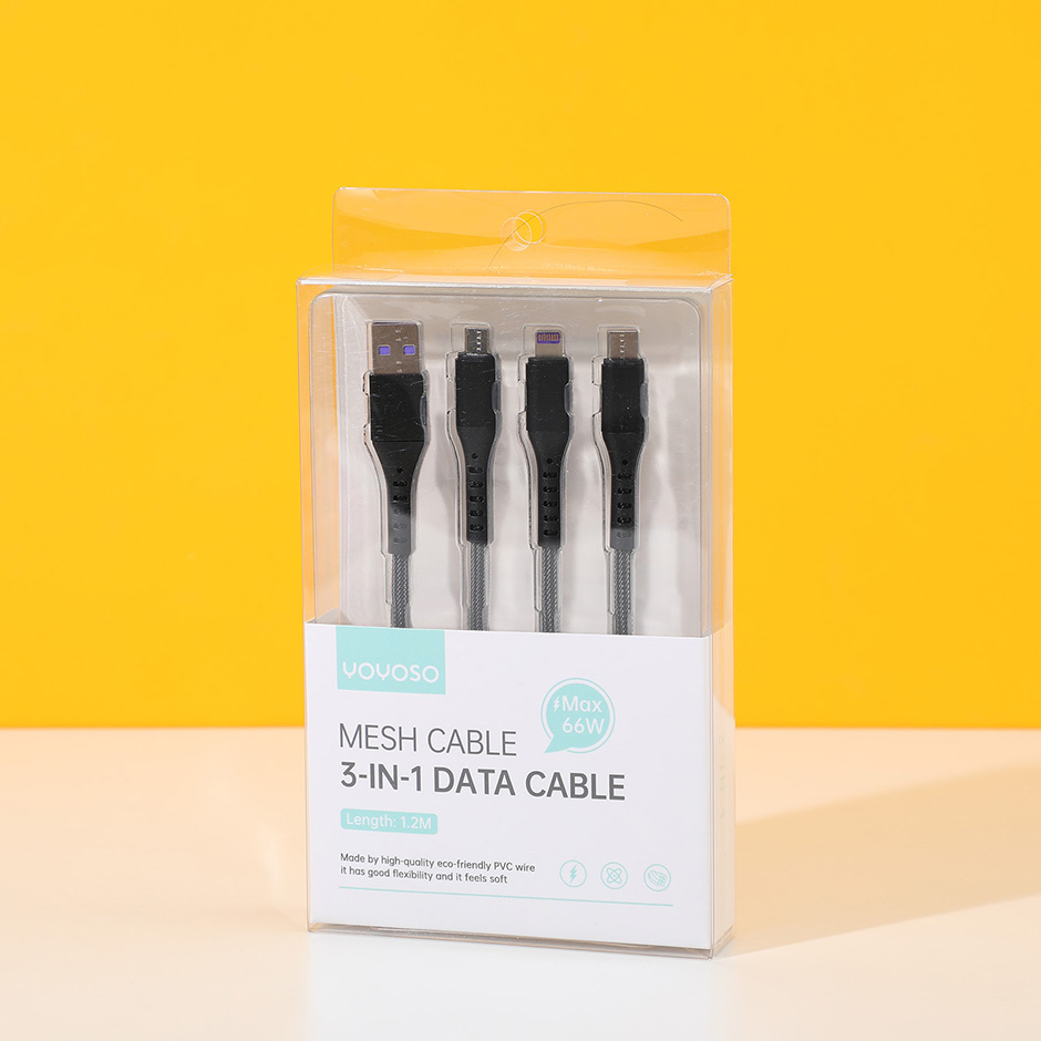 66W mesh cable 3-in-1 data cable - black