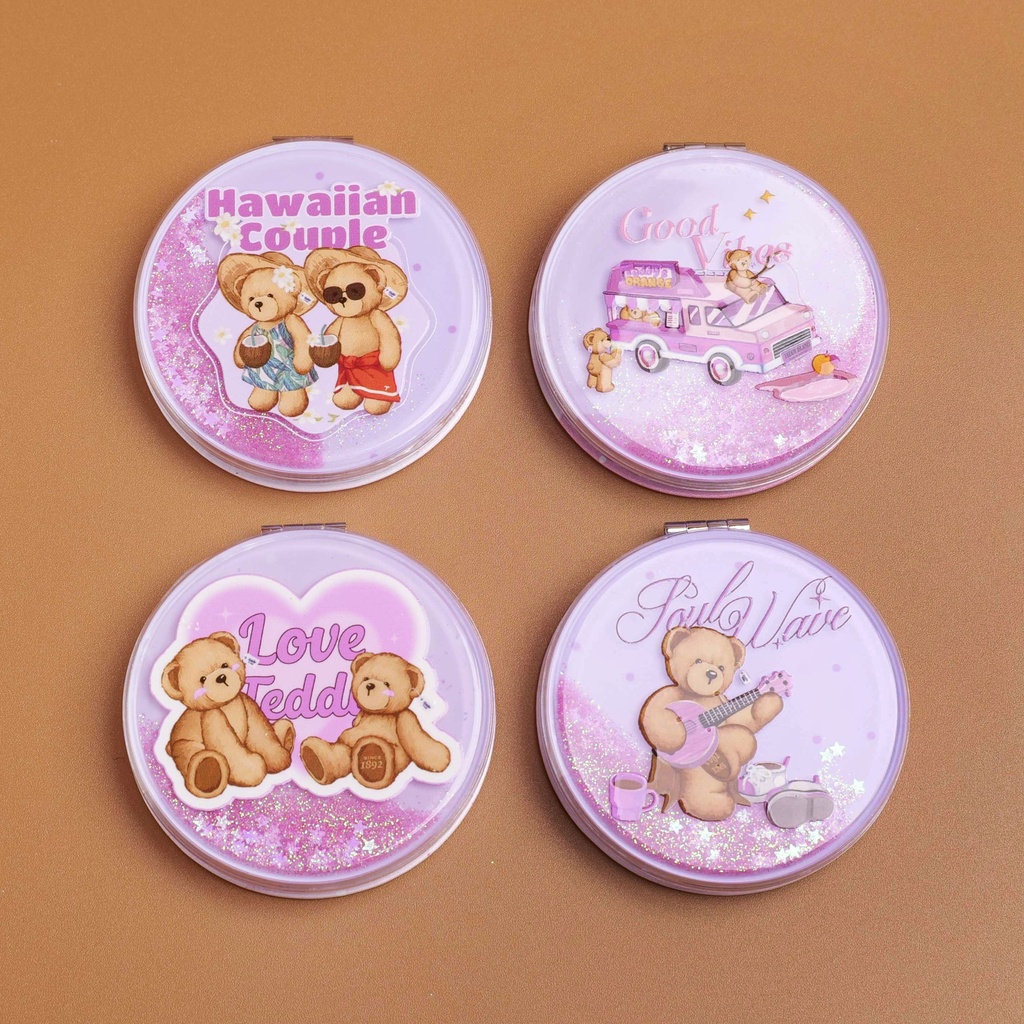 TEDDY ISLAND Series Leisure Bear Circular Flowing Sand Embossed Fashion Mirror