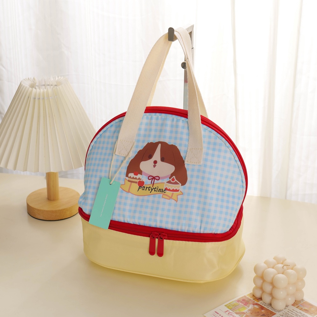 Double-Layer Cartoon Plaid Lunch Bag