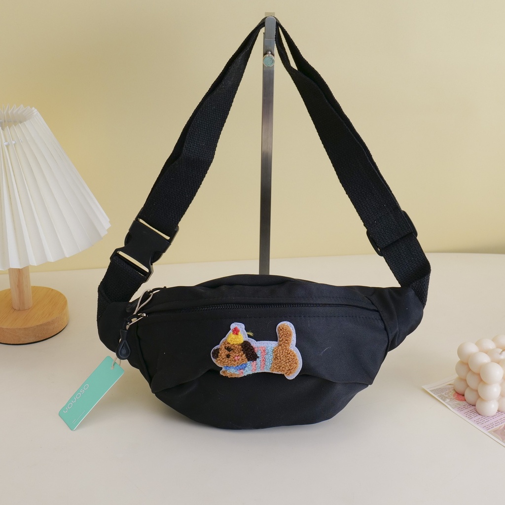 Dachshund Series - Embroidered Puppy Sport Waist Bag - Black