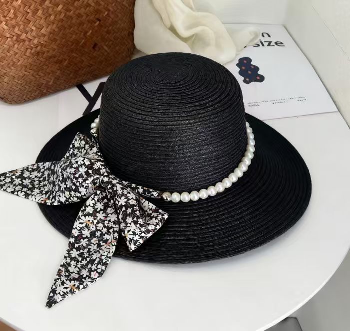 Pearl Floral Bow Straw Hat - Black