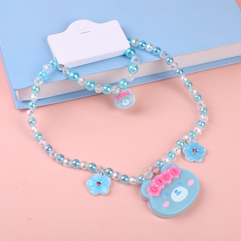 Bear head flower children's necklace-blu