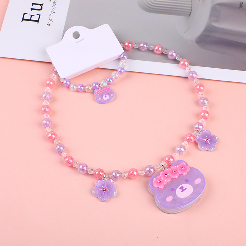 Bear head flower children's necklace-pur