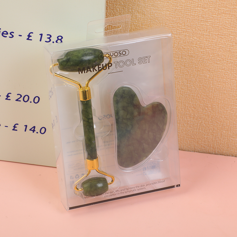 Jade green gua sha tool and roller massager set